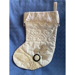 Vintage CHRISTMAS STOCKING Ivory Lace Quilted Heart With Embellishments Button
